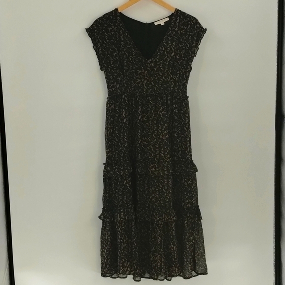 GRADE & GATHER midi dress ruffle satin size small black brown tiered floral - Picture 1 of 11